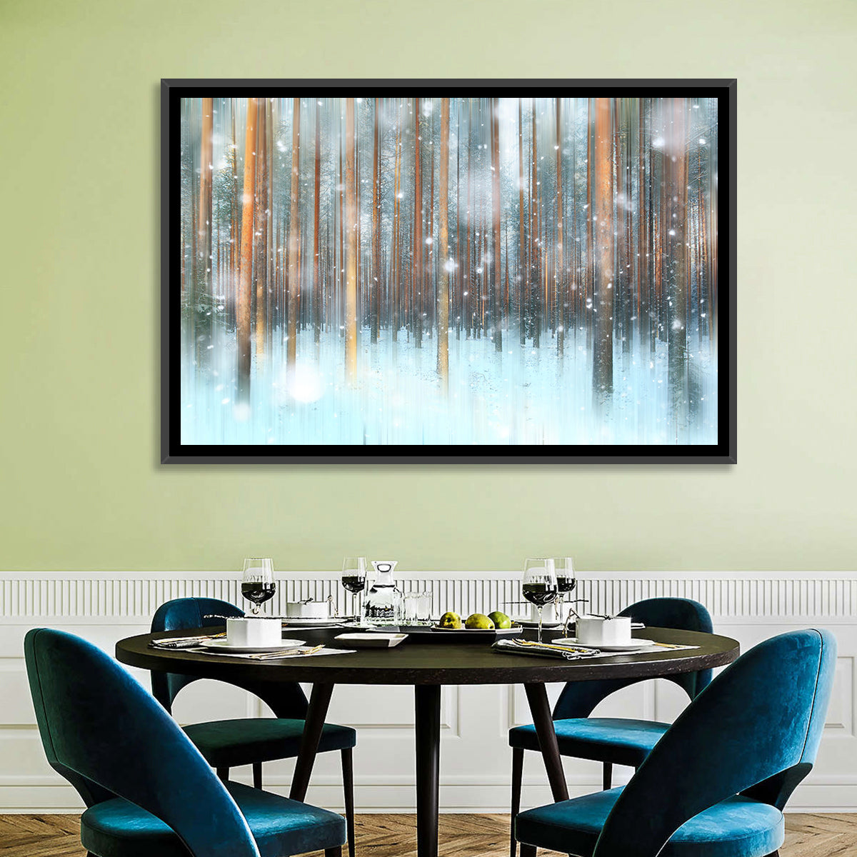 Ethereal Snowy Pine Forest Wall Art in a room, landscape