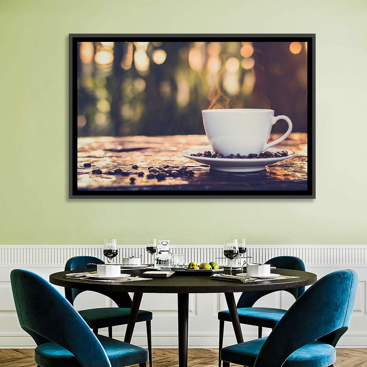Steaming White Coffee Cup Wall Art in a room, landscape