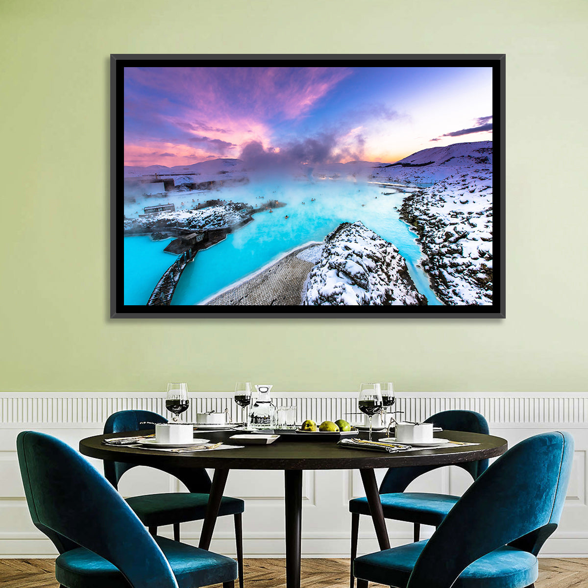 Blue Lagoon Grindavík Sunrise Wall Art in a room, landscape