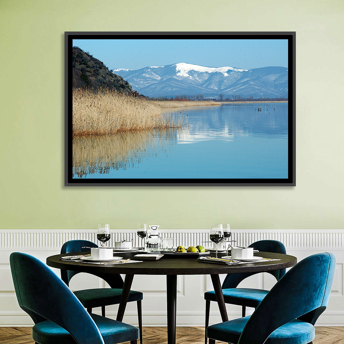 Prespa Lake Reflections Wall Art in a room, landscape