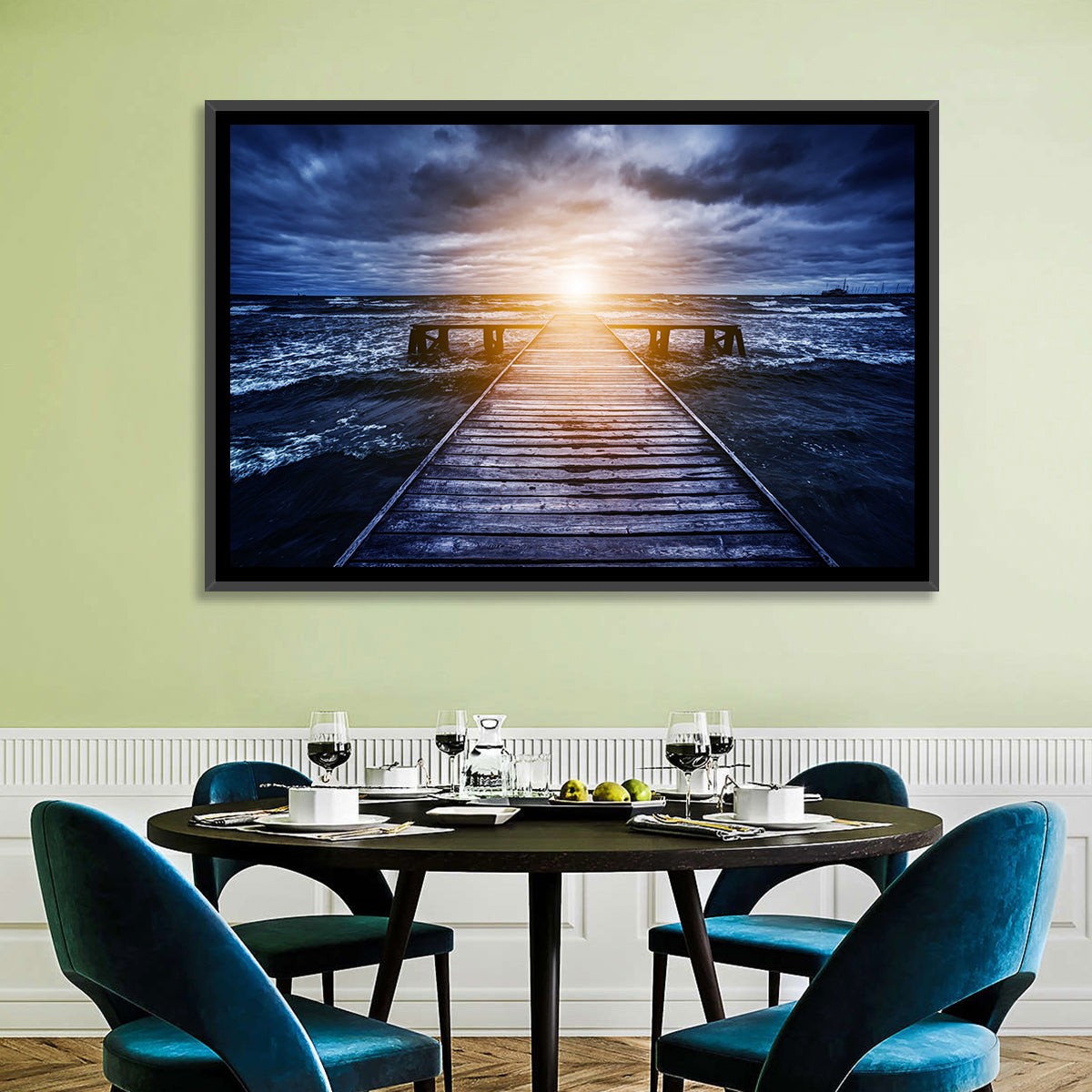 Sunlit Wooden Jetty at Dusk Wall Art in a room, landscape