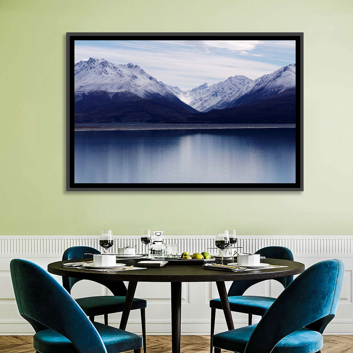 Lake Pukaki Reflection Wall Art in a room, landscape