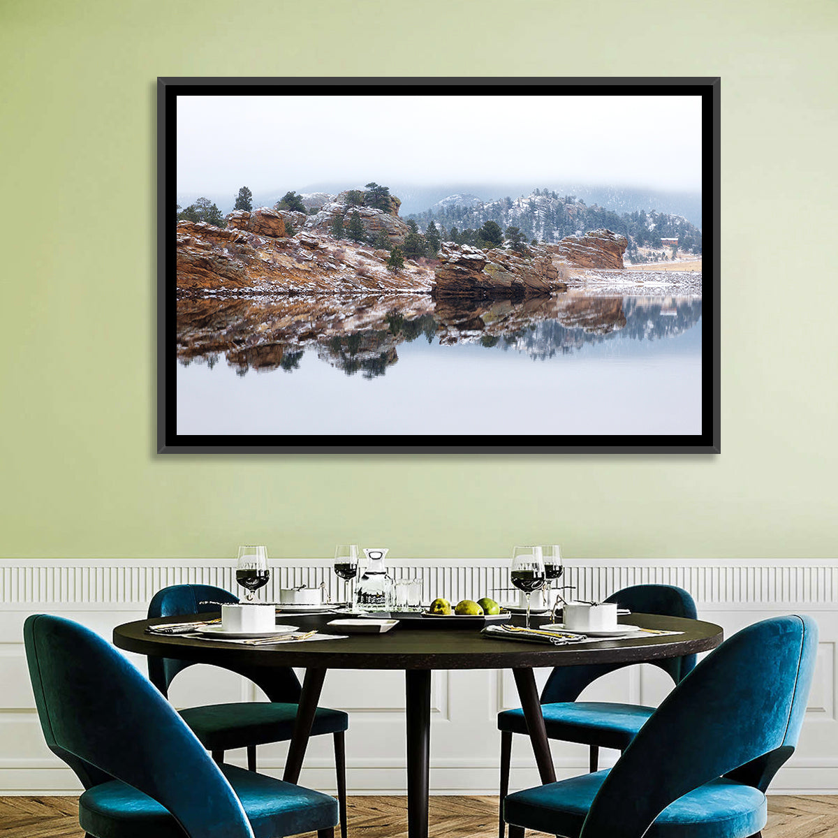 Marys Lake Foggy Reflection Wall Art in a room, landscape