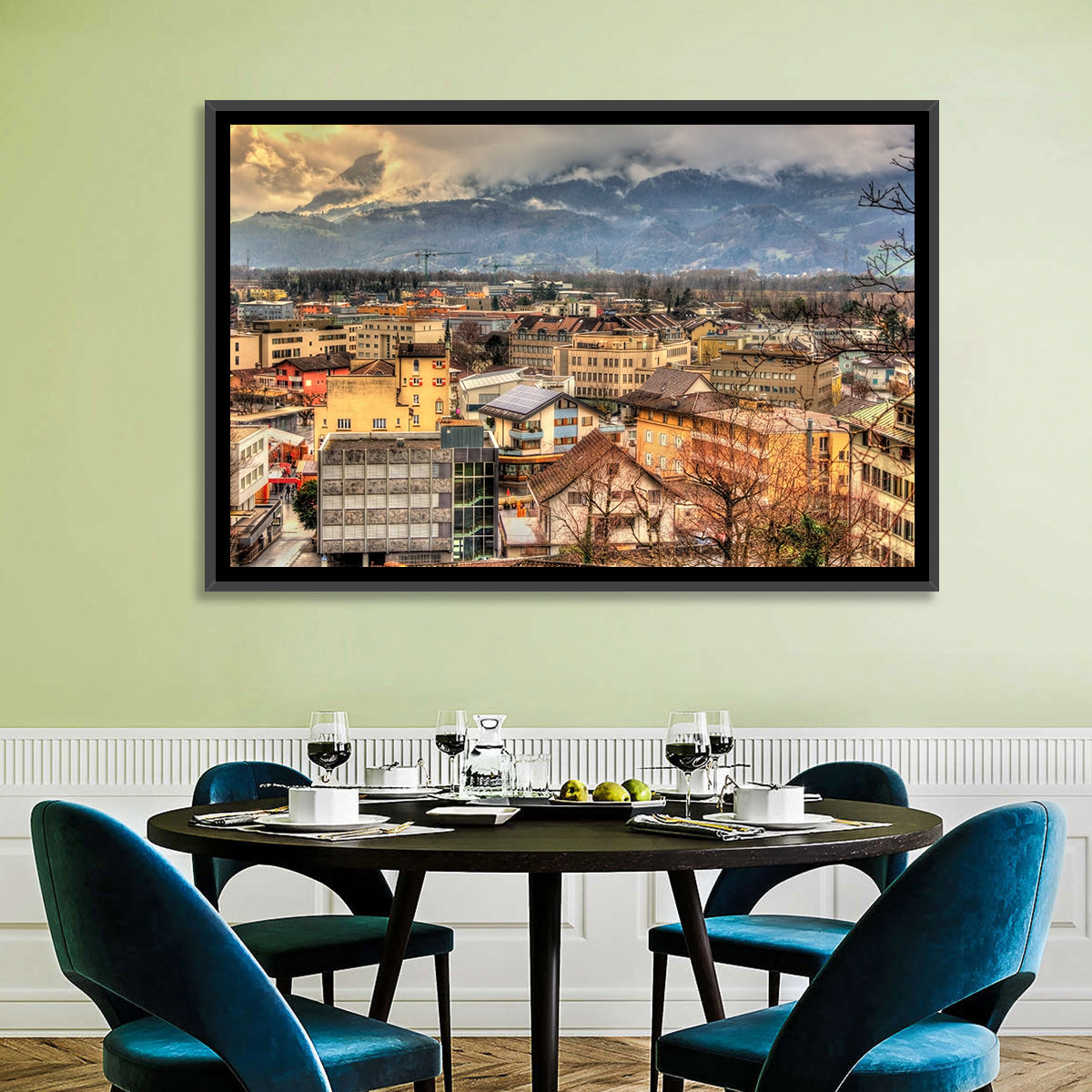 Vaduz Autumn Cityscape Wall Art in a room, landscape