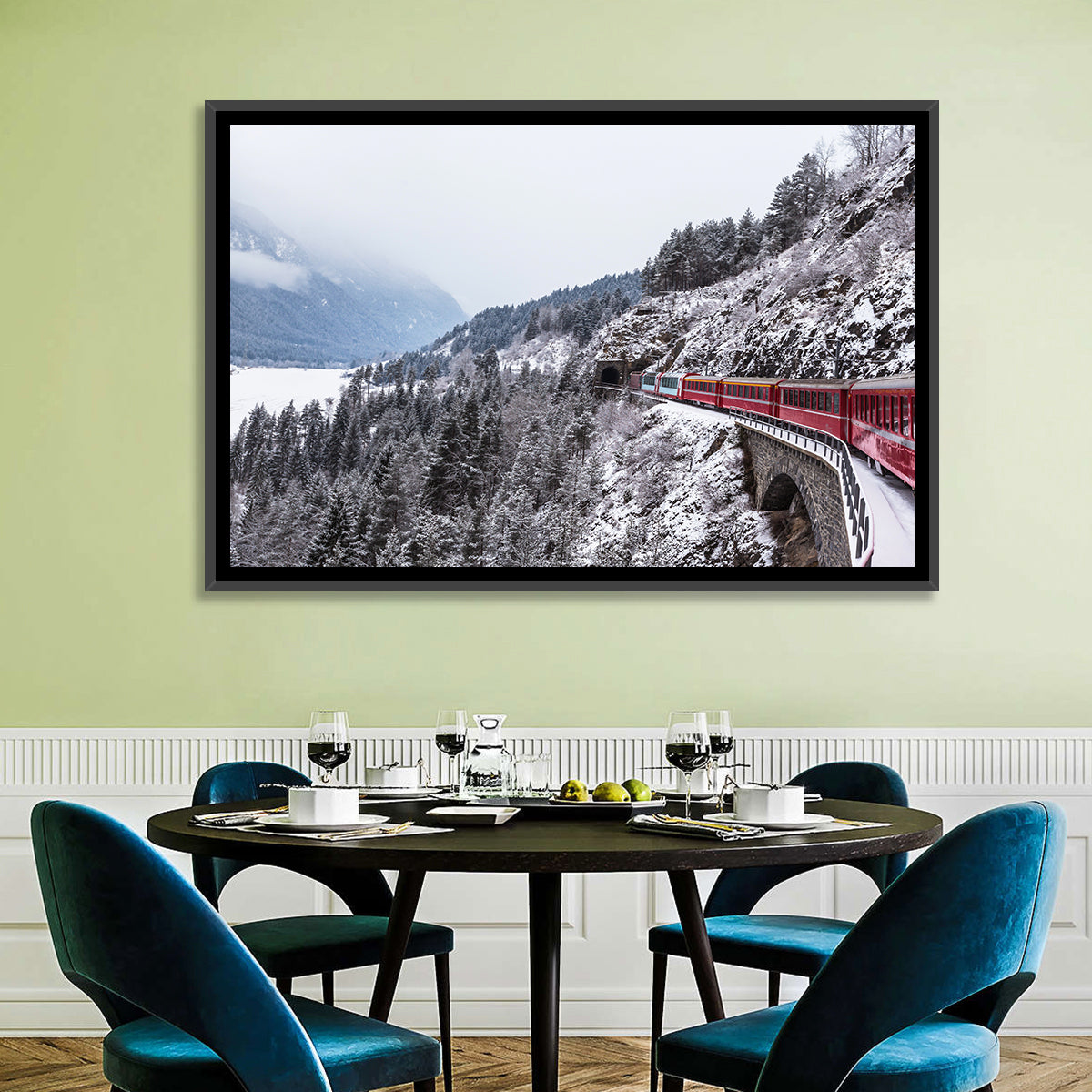 Red Train at Landwasser Viaduct Wall Art in a room, landscape