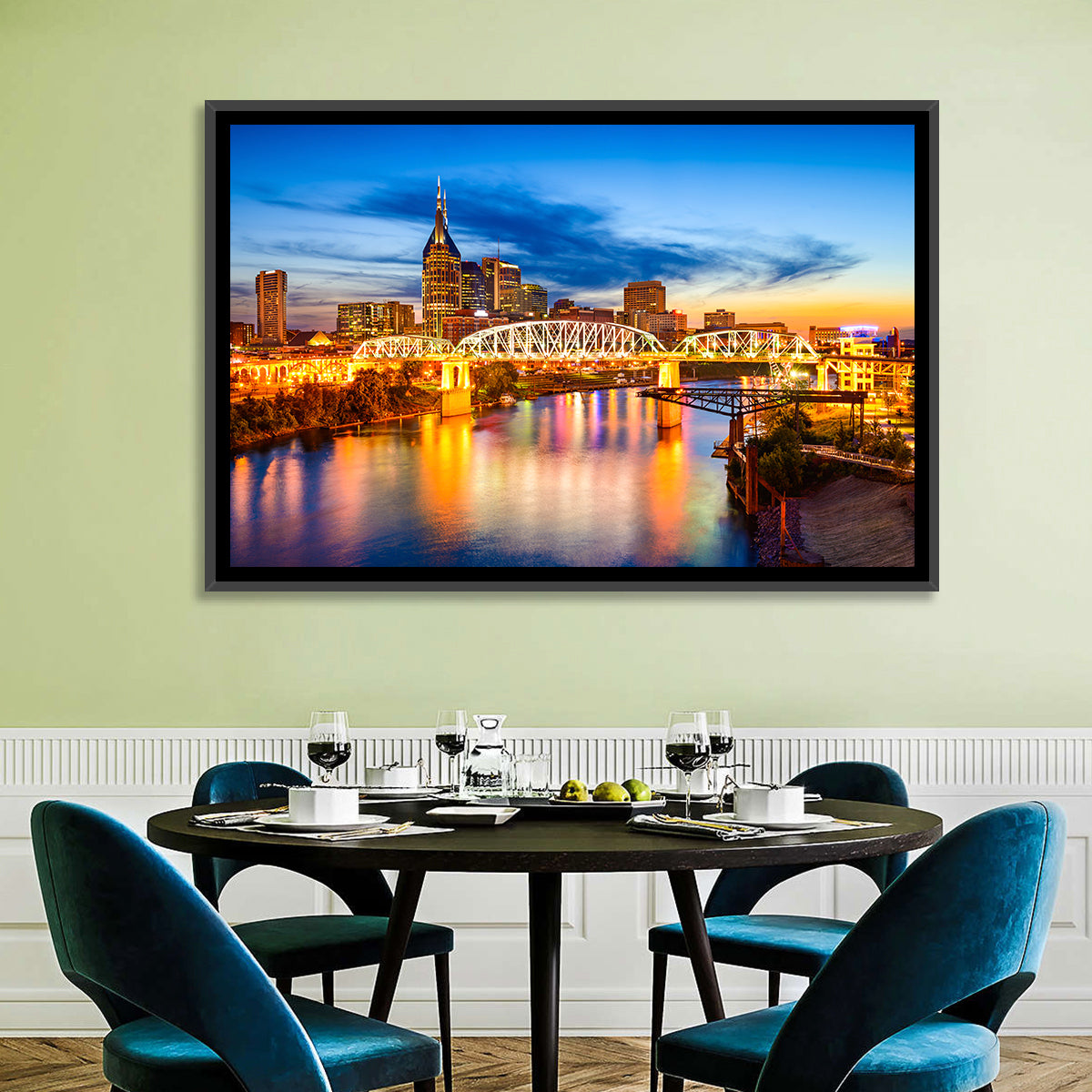 Nashville Skyline at Twilight Bridge Reflections Wall Art