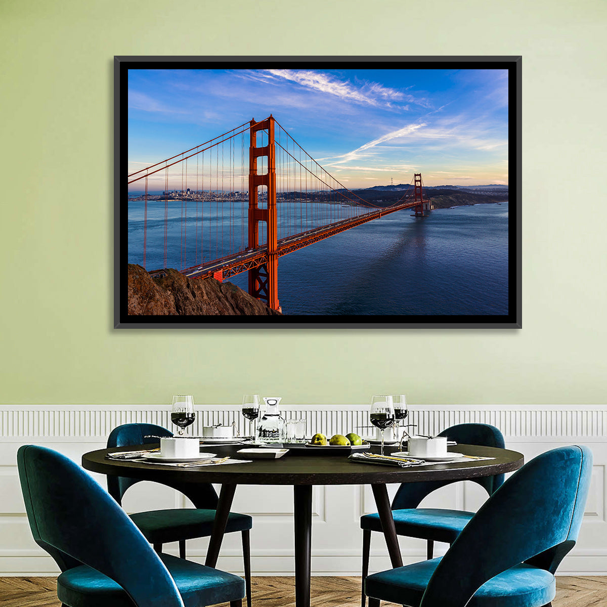 Golden Gate Bridge at Golden Hour Wall Art in a room, landscape
