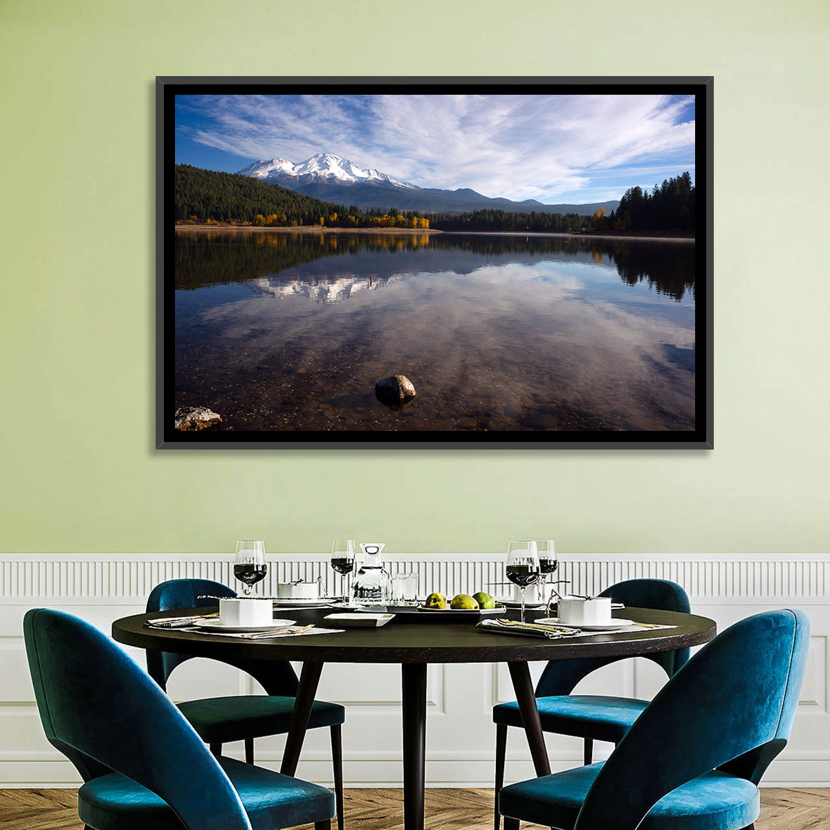 Mount Shasta Reflection at Lake Siskiyou Wall Art in a room, landscape