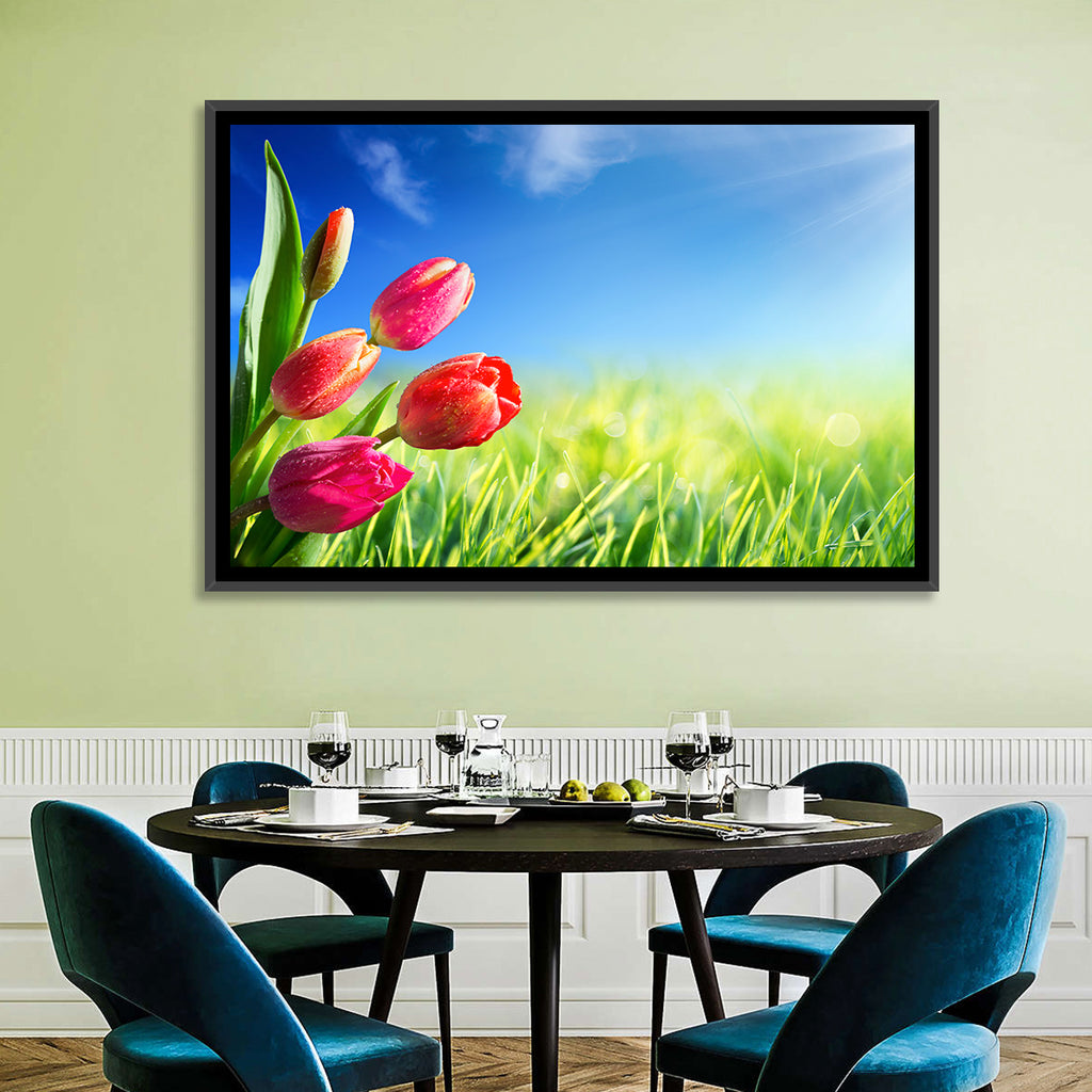 Dewy Red Tulips Under Blue Sky Wall Art