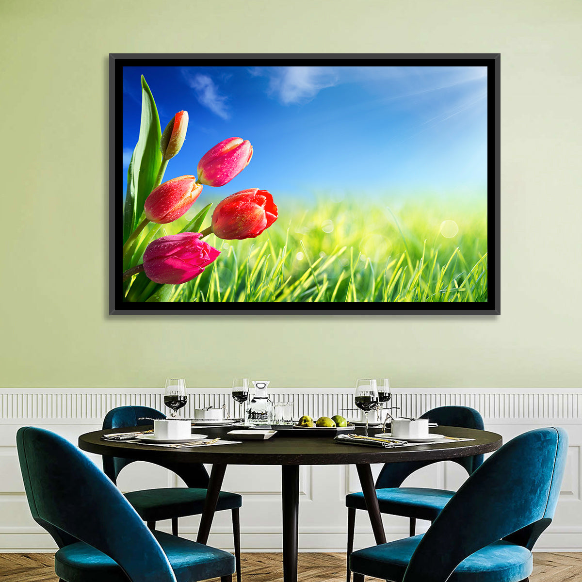 Dewy Red Tulips Under Blue Sky Wall Art