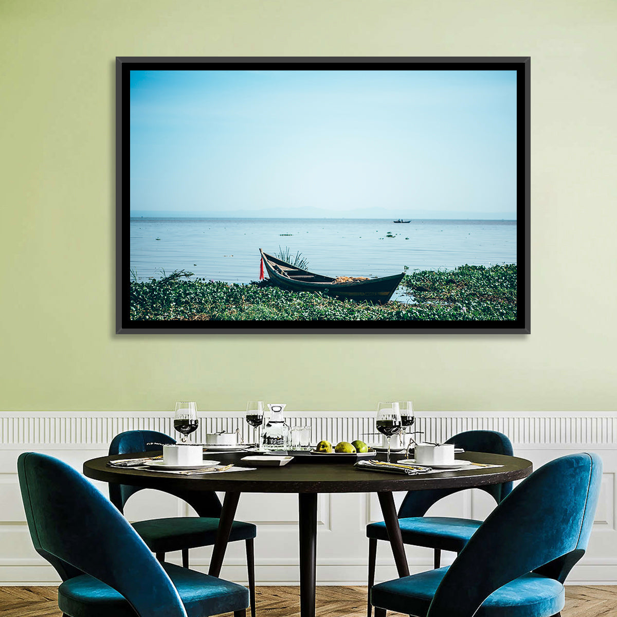 Red Ribbon Boat on Lake Victoria Wall Art in a room, landscape