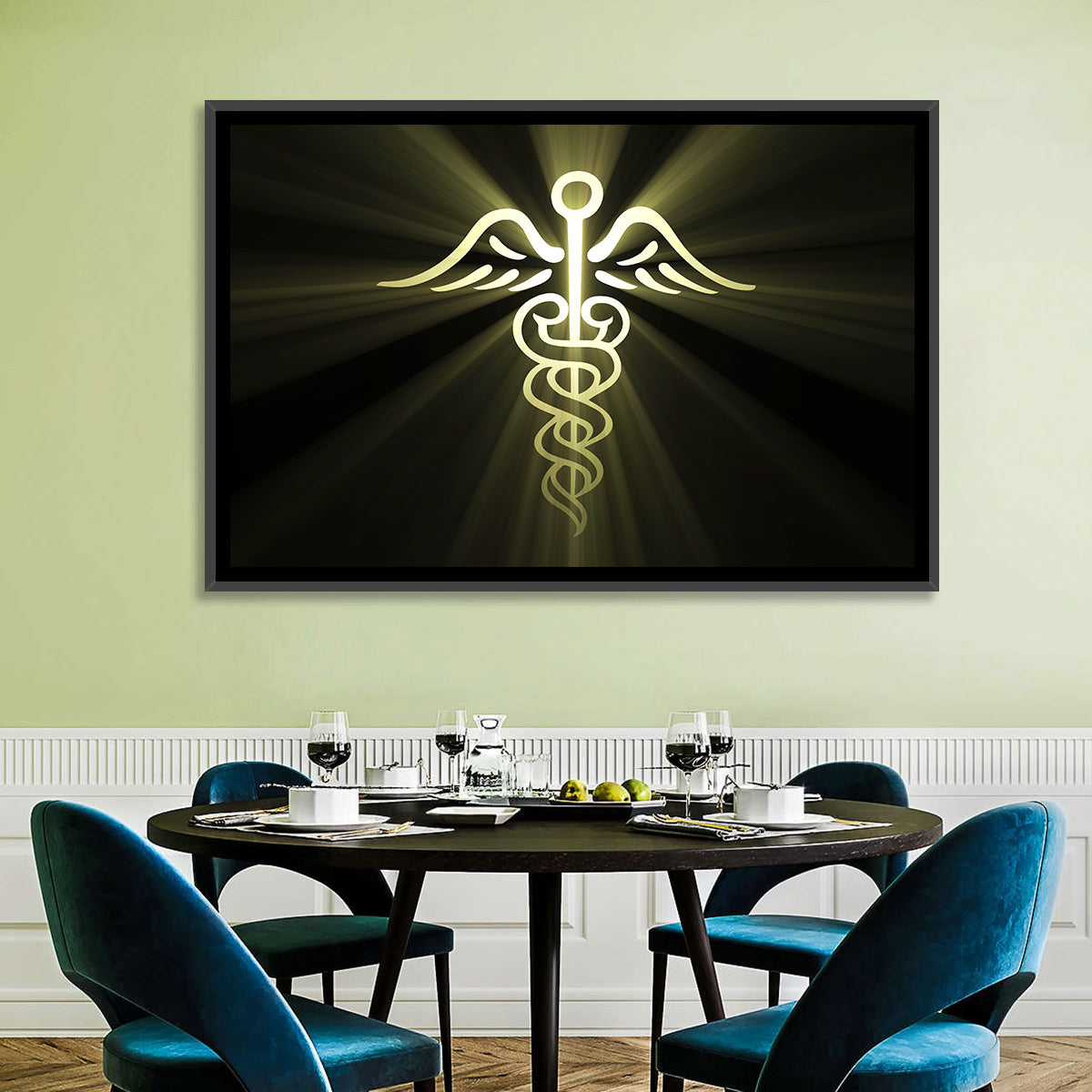 Medical Corps Caduceus Emblem Wall Art in a room, landscape