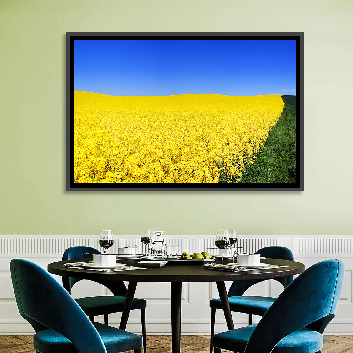 Sunlit Rapeseed Field Wall Art in a room, landscape