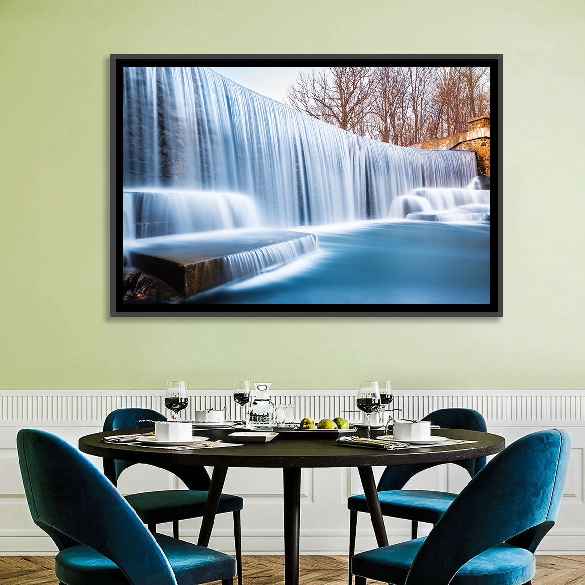 Seeley's Pond Winter Waterfall Wall Art in a room, landscape