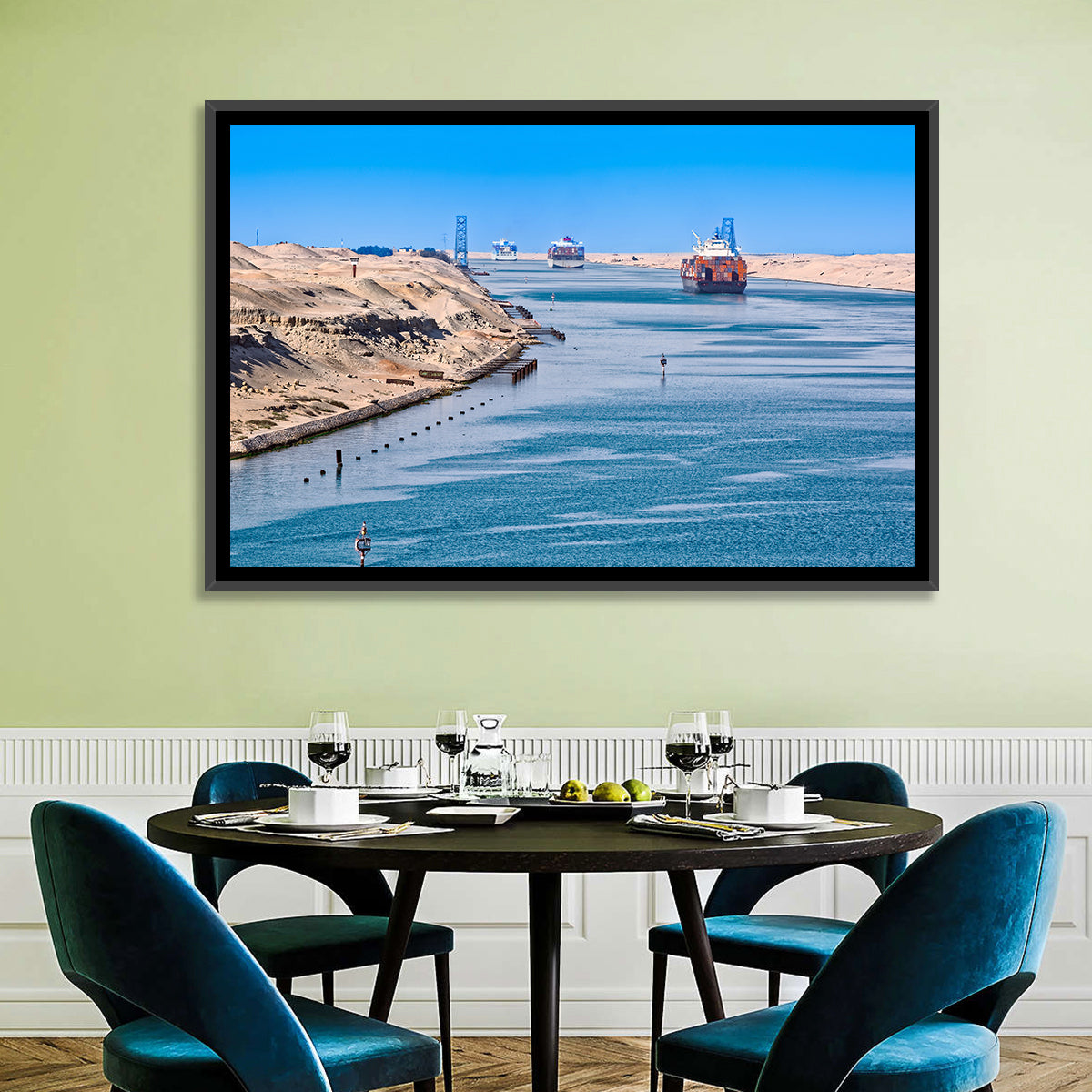 Suez Canal Container Ships Wall Art in a room, landscape