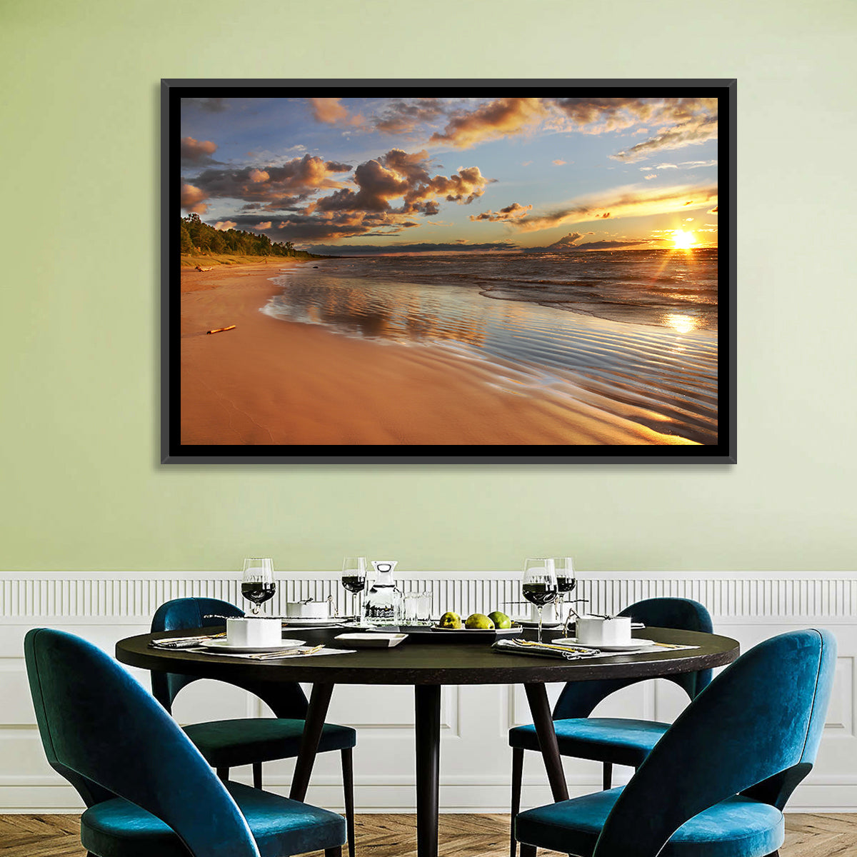 Lake Huron Sunset Beach Wall Art in a room, landscape