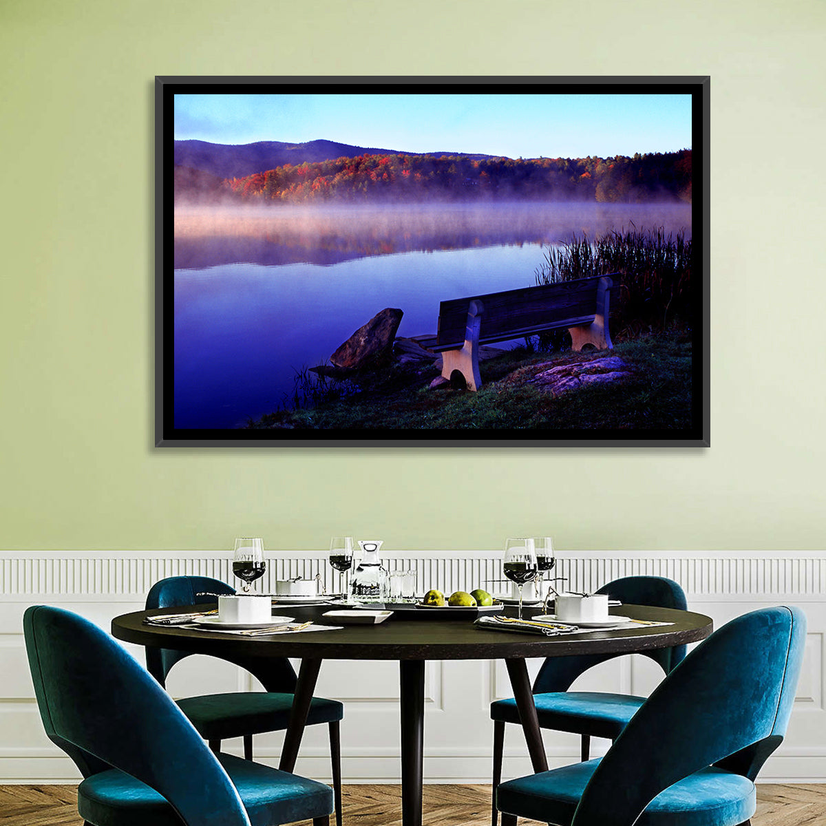 Bench at Misty Lake Sunrise Wall Art in a room, landscape