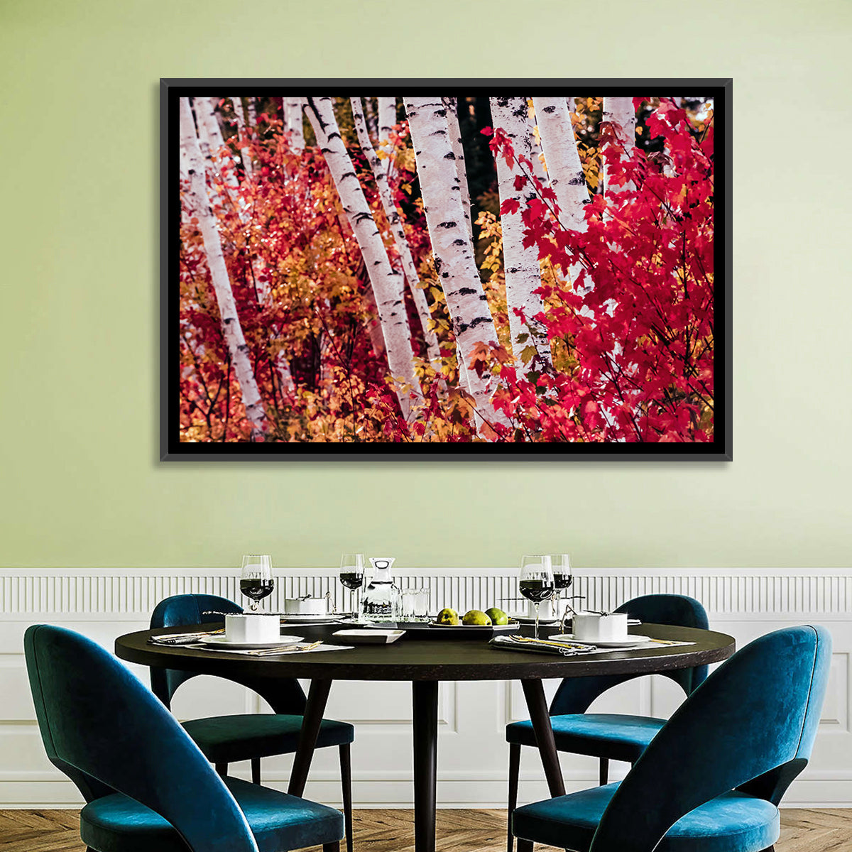 Autumn Birches with Crimson Maples Wall Art in a room, landscape