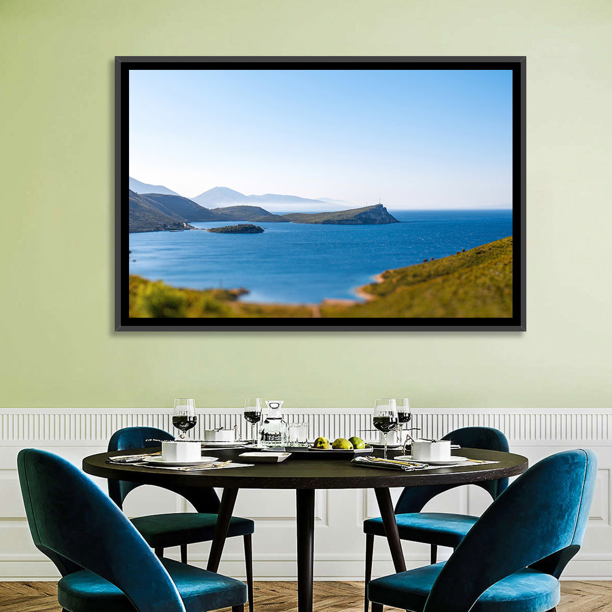 Coastal Cliffs and Lighthouse Bay Wall Art in a room, landscape