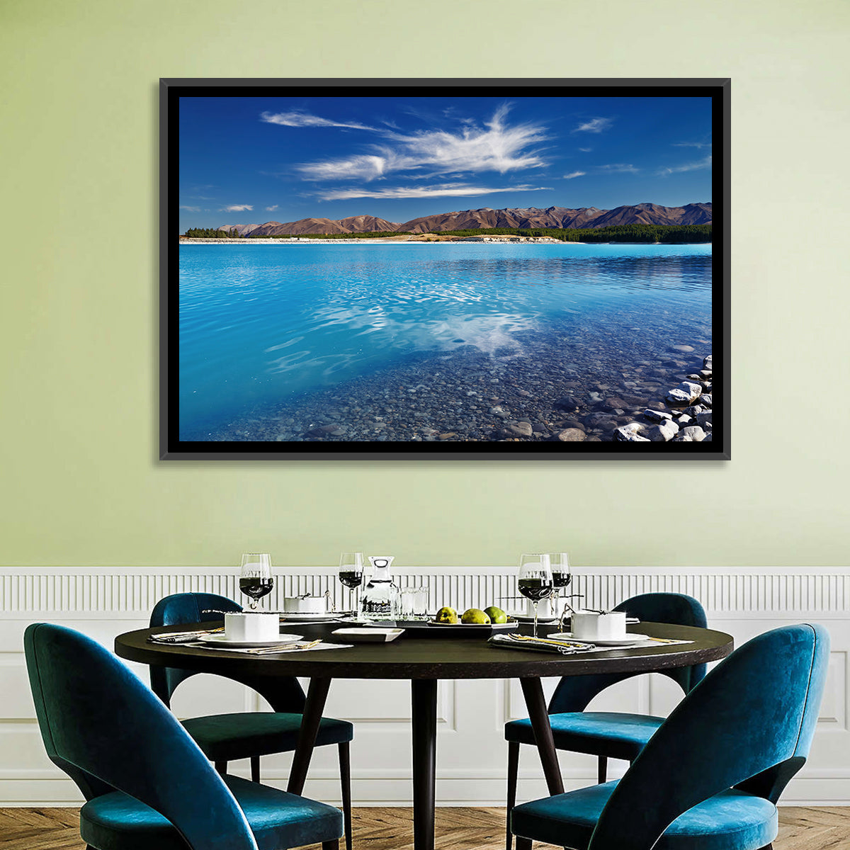Lake Pukaki Pebble Shore Wall Art in a room, landscape