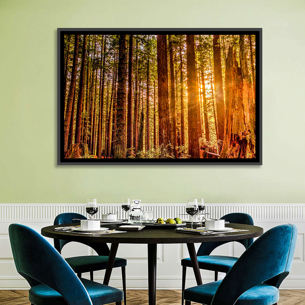 Golden Hour Redwood Sunburst Wall Art in a room, landscape
