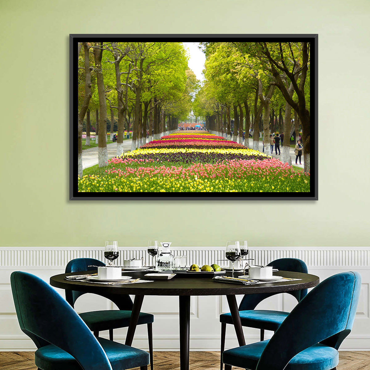 Tree-lined Tulip Garden Path Wall Art in a room, landscape