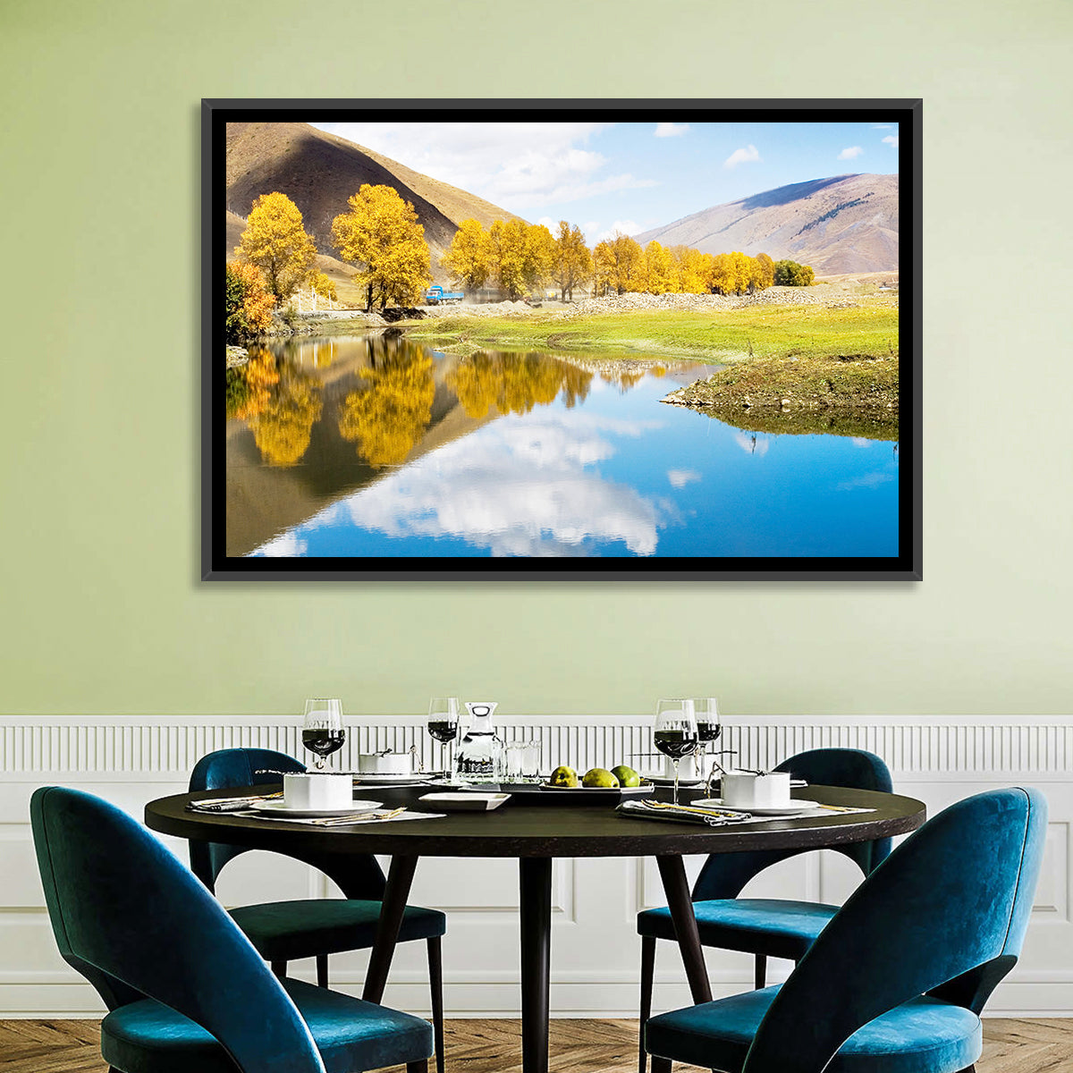 Chanxi Autumn Reflection Road Wall Art in a room, landscape