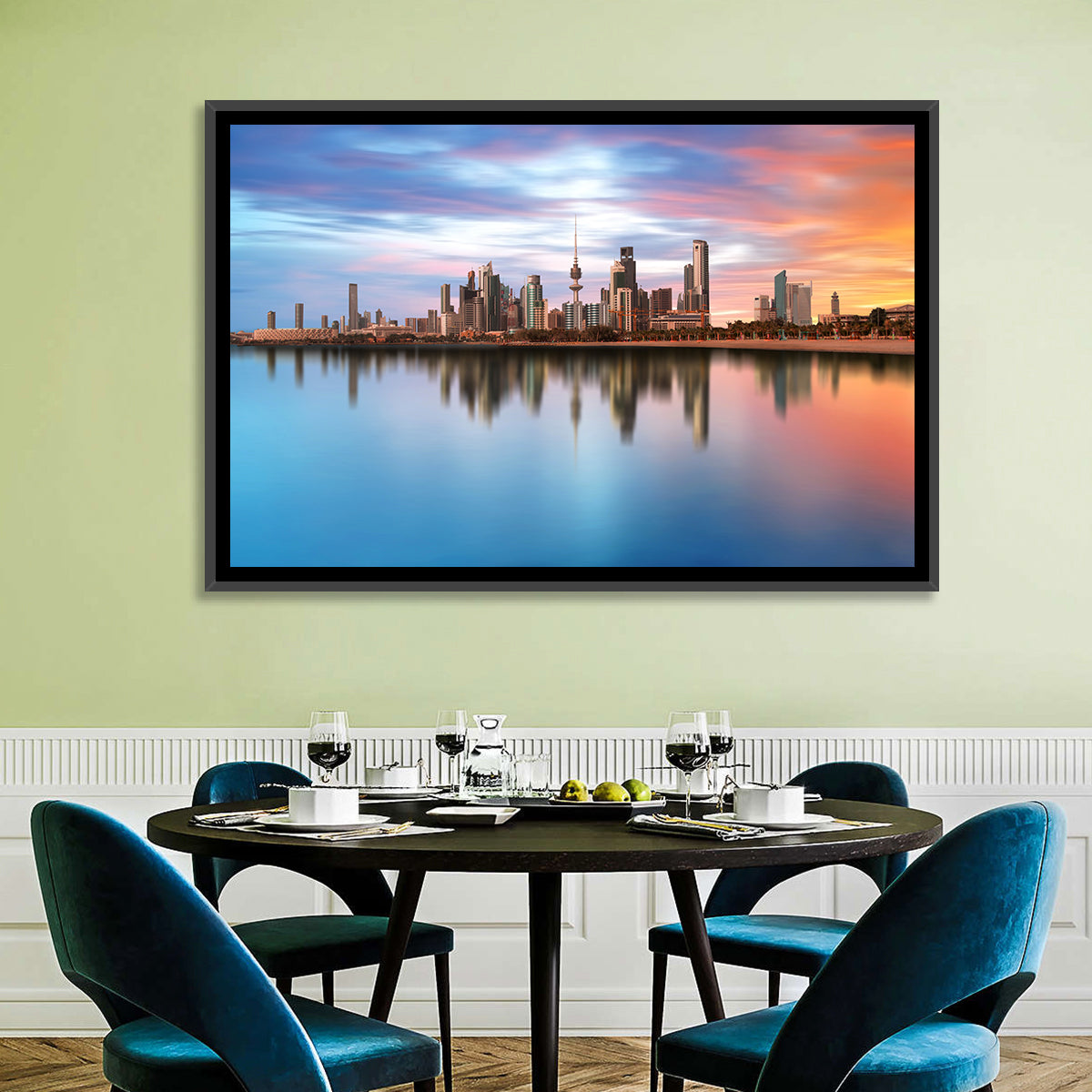 Kuwait City Skyline at Sunset Wall Art in a room, landscape