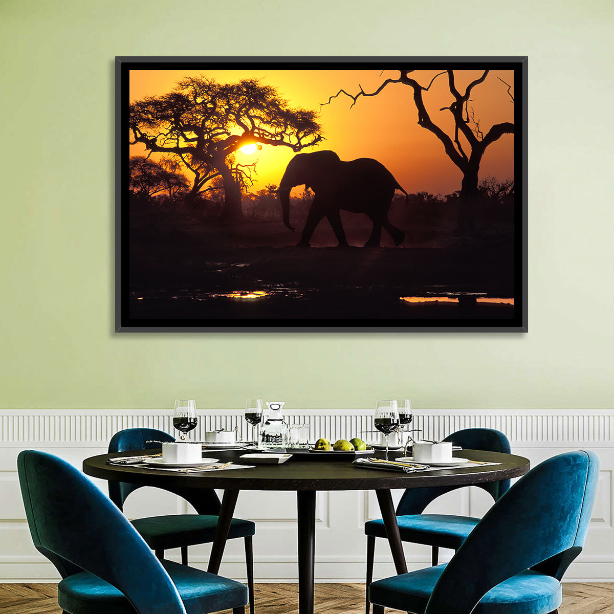 Elephant at Sunset Wall Art in a room, landscape