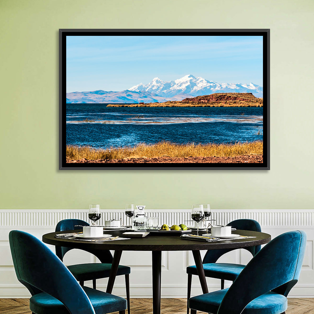 Lake Titicaca Blue and Gold Wall Art in a room, landscape