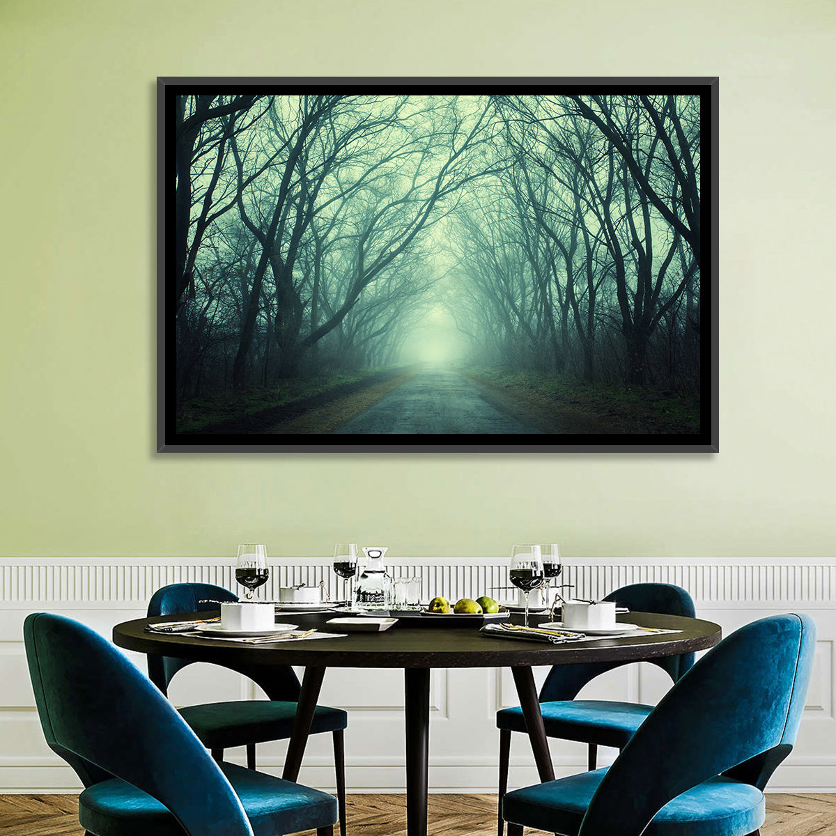 Foggy Forest Pathway Wall Art in a room, landscape