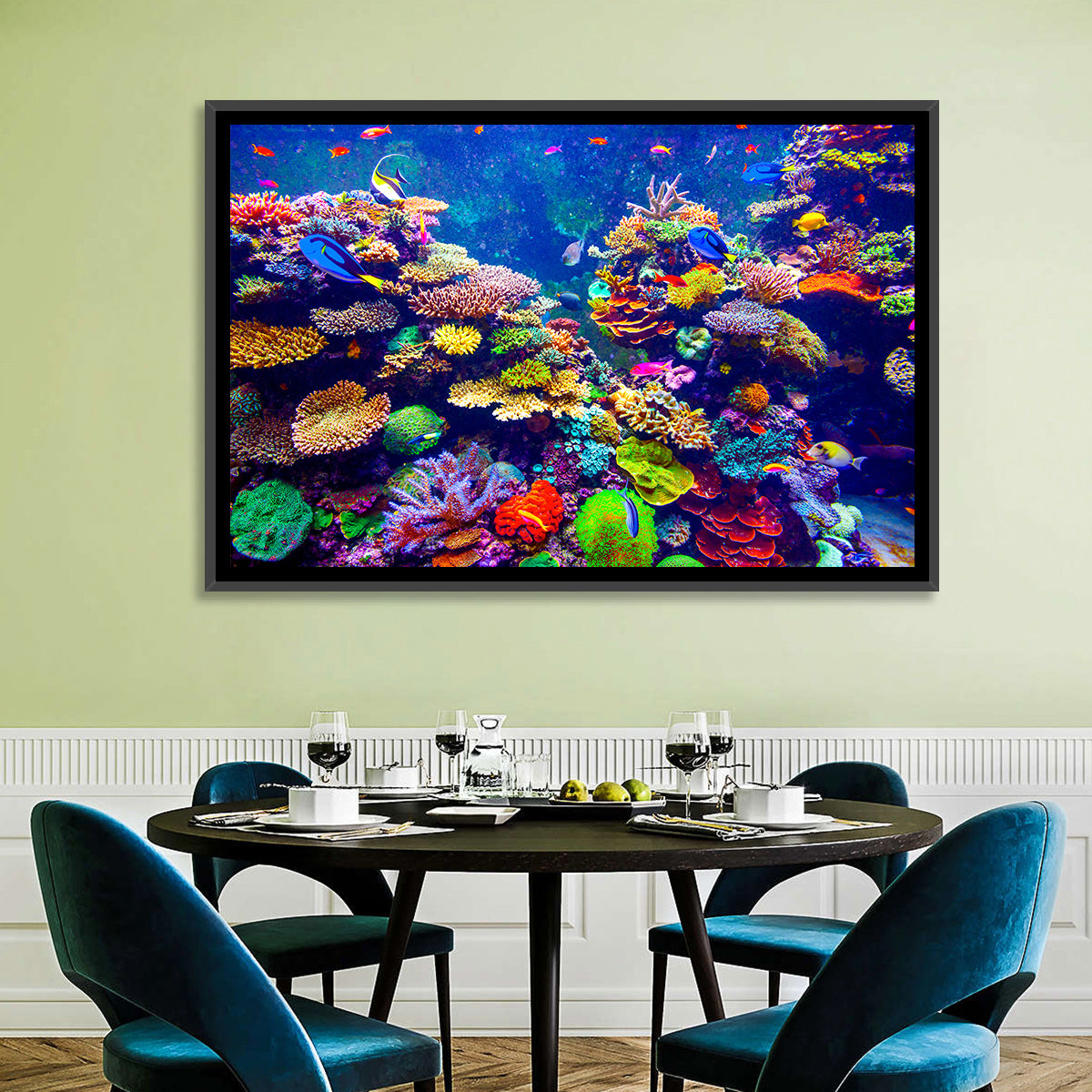 Tropical Coral Reef Aquarium Wall Art in a room, landscape