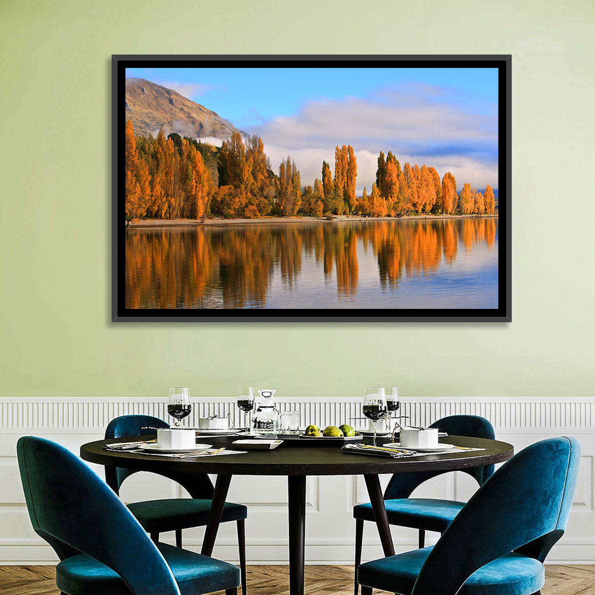 Lake Wanaka Autumn Reflection Wall Art in a room, landscape