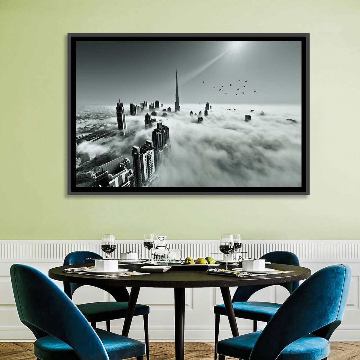Burj Khalifa Rising Through Morning Fog Wall Art in a room, landscape