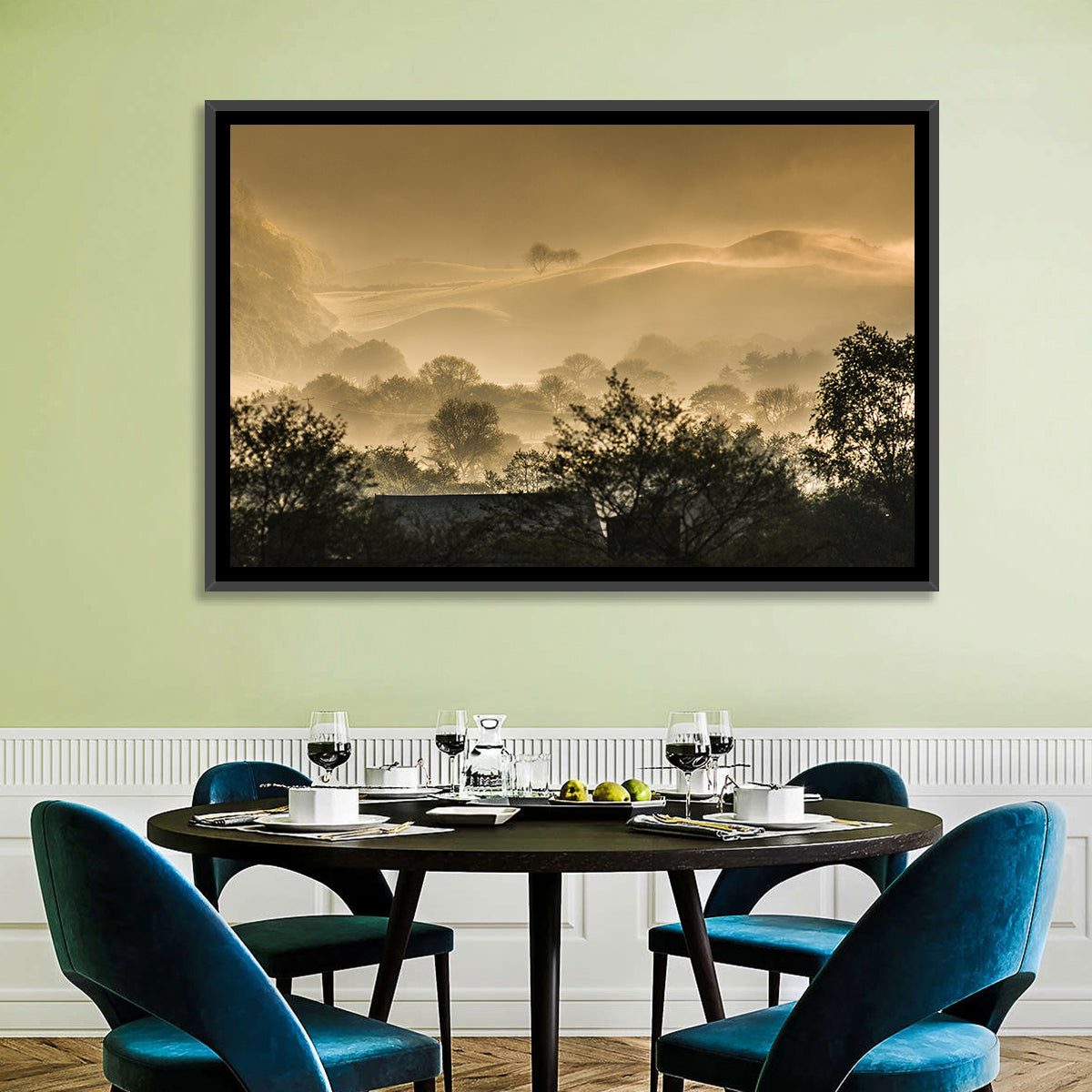 Bronze Morning Mist Over Hills Wall Art in a room, landscape