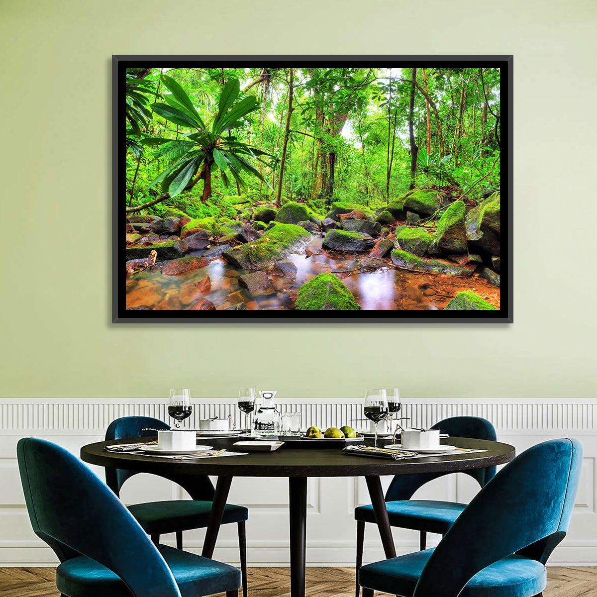 Mossy Rainforest Stream Wall Art in a room, landscape