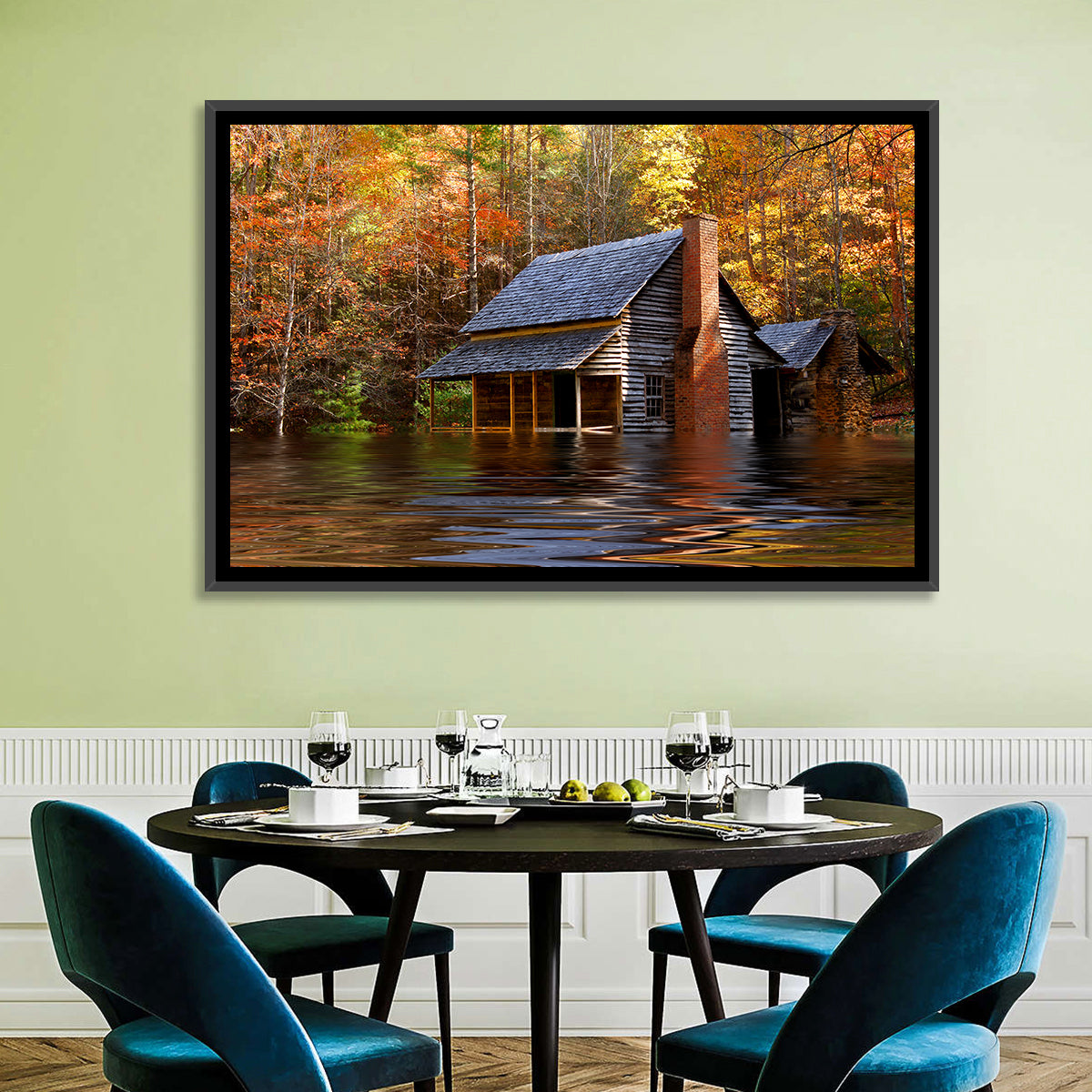 Autumn Flooded Log Cabin Wall Art in a room, landscape