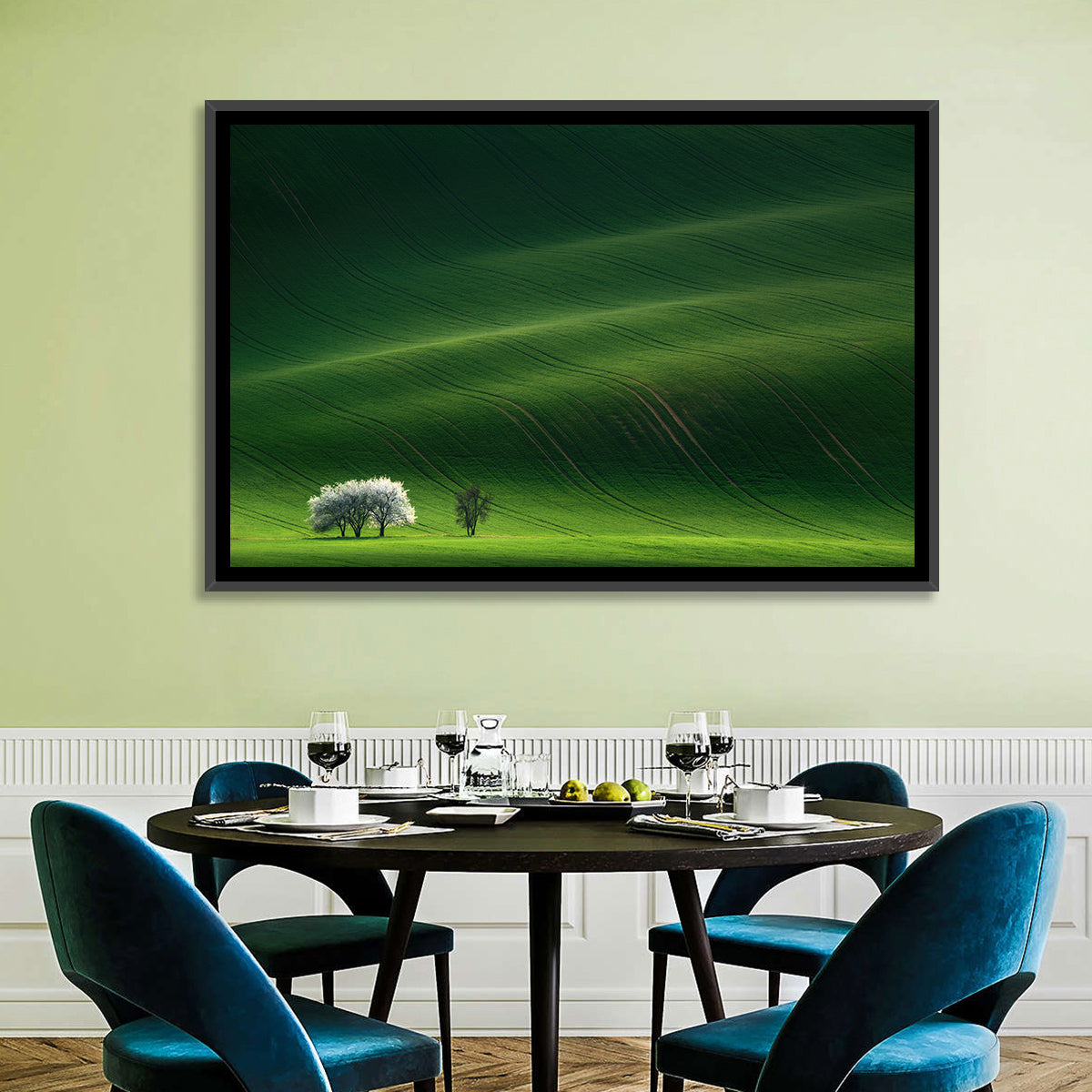 Emerald Hills with Blossoming Tree Wall Art in a room, landscape