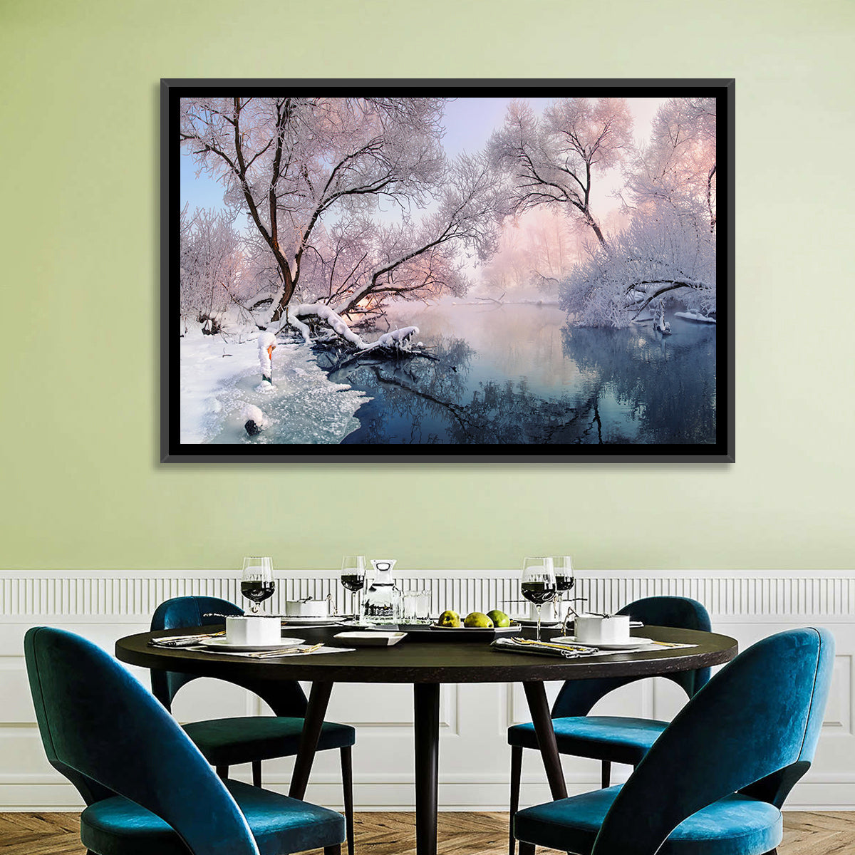 Snowy Lake Morning Mist Wall Art in a room, landscape