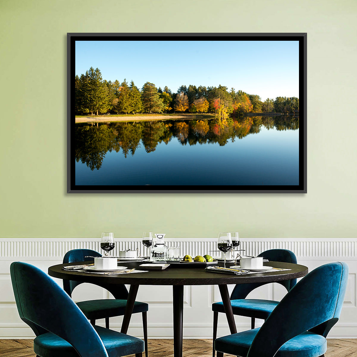 Lake Shaftsbury Autumn Reflection Wall Art in a room, landscape