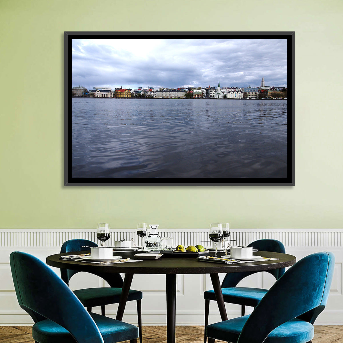 Tjörnin Reykjavik Skyline Wall Art in a room, landscape