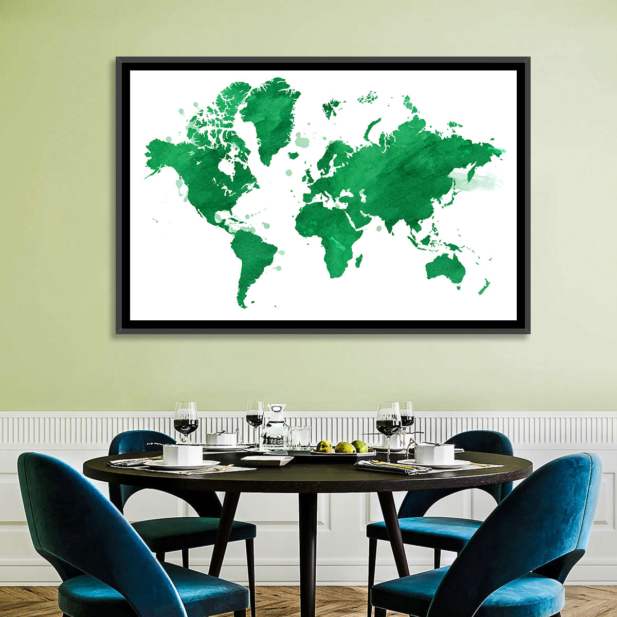 Green Watercolor World Map Wall Art in a room, landscape
