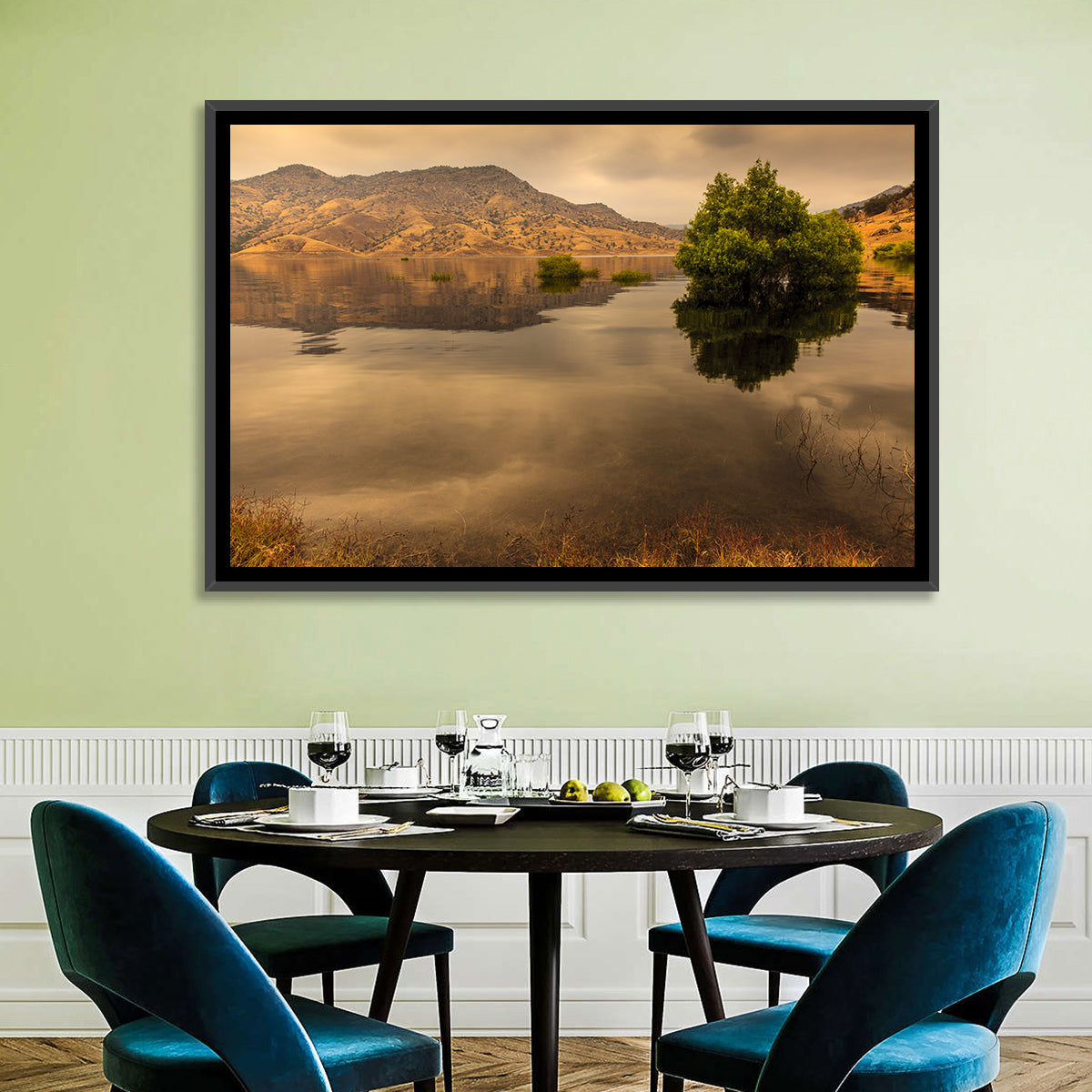 Lake Kaweah Golden Hour Reflection Wall Art in a room, landscape