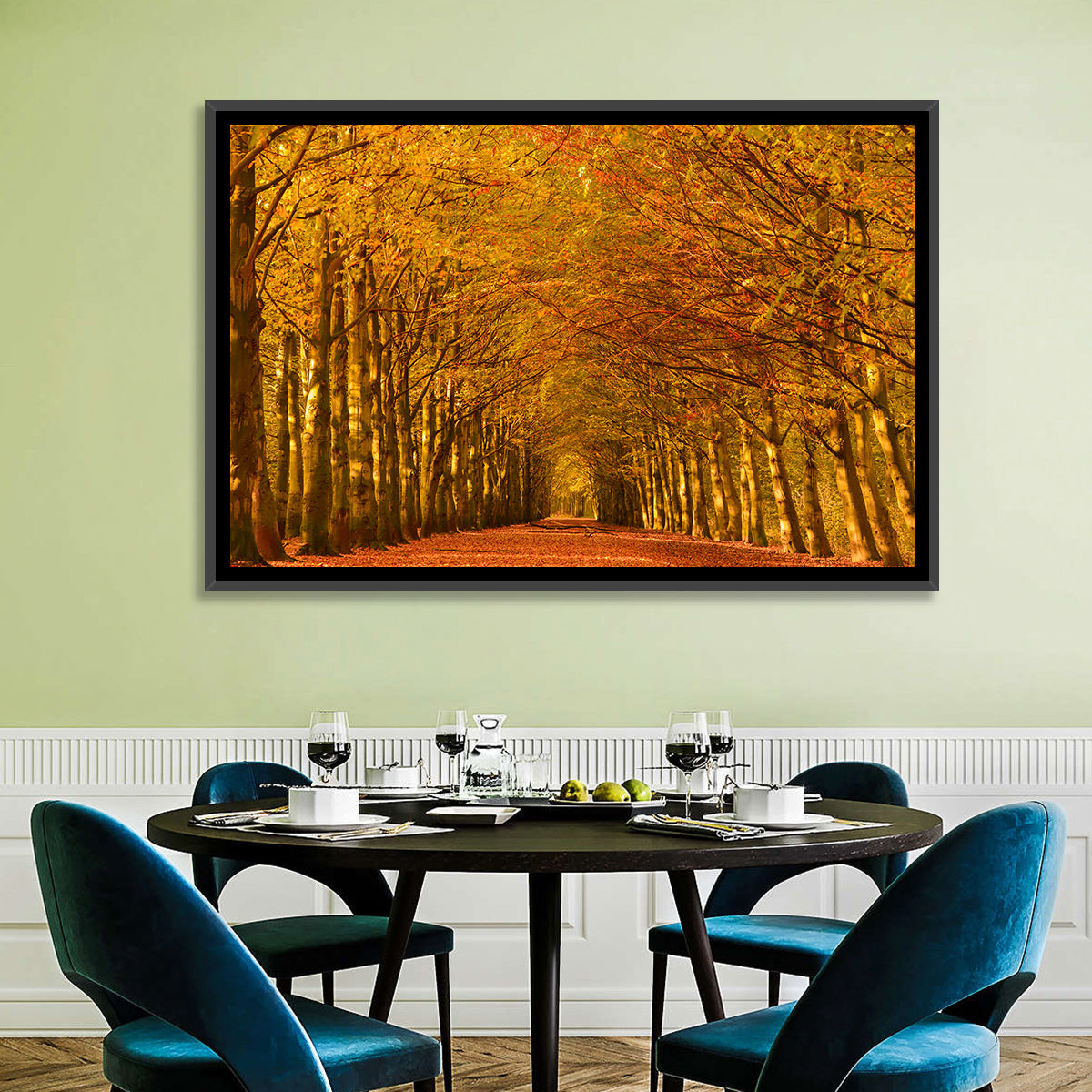 Golden Beech Tree Tunnel in Autumn Wall Art in a room, landscape