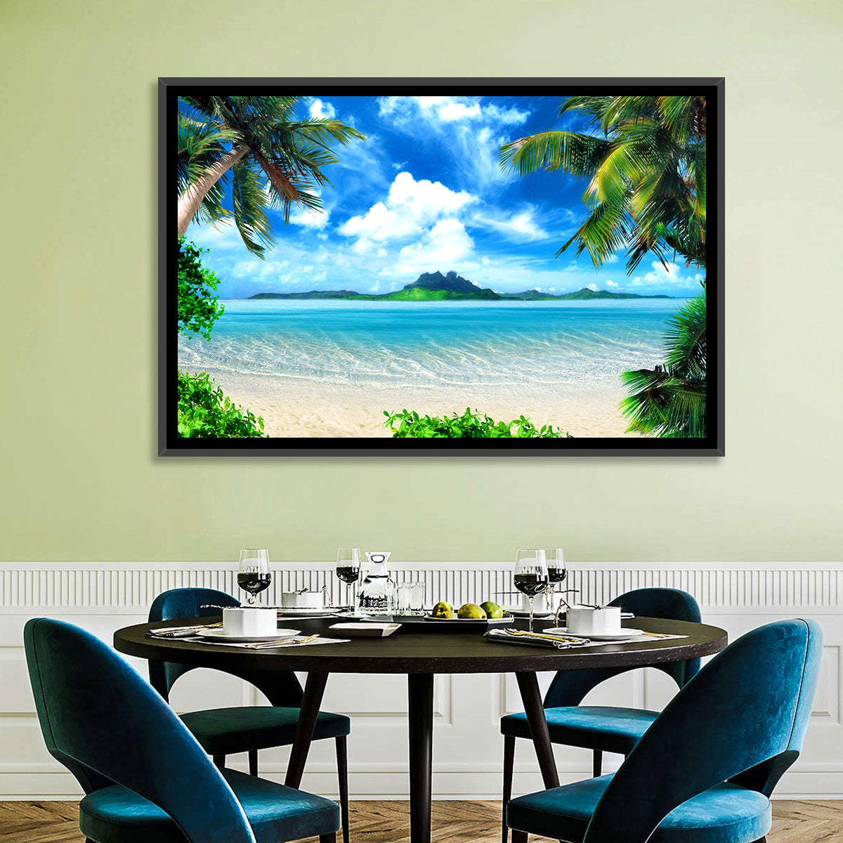 Palm-framed Tropical Island Beach Wall Art in a room, landscape