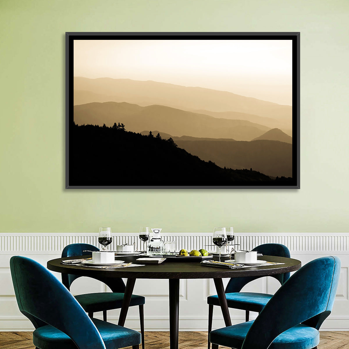 Foggy Mountain Sunset with Evergreen Silhouettes Wall Art in a room, landscape