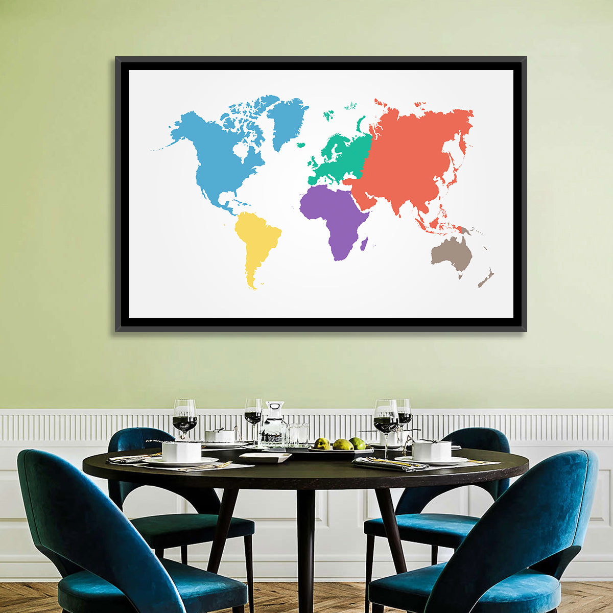 World Continents Map Wall Art in a room, landscape