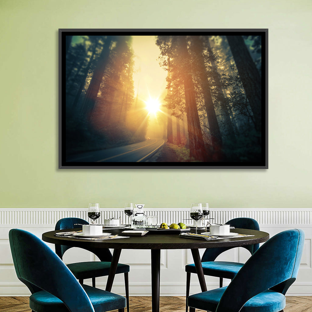 Misty Redwood Road with Golden Sunburst Wall Art