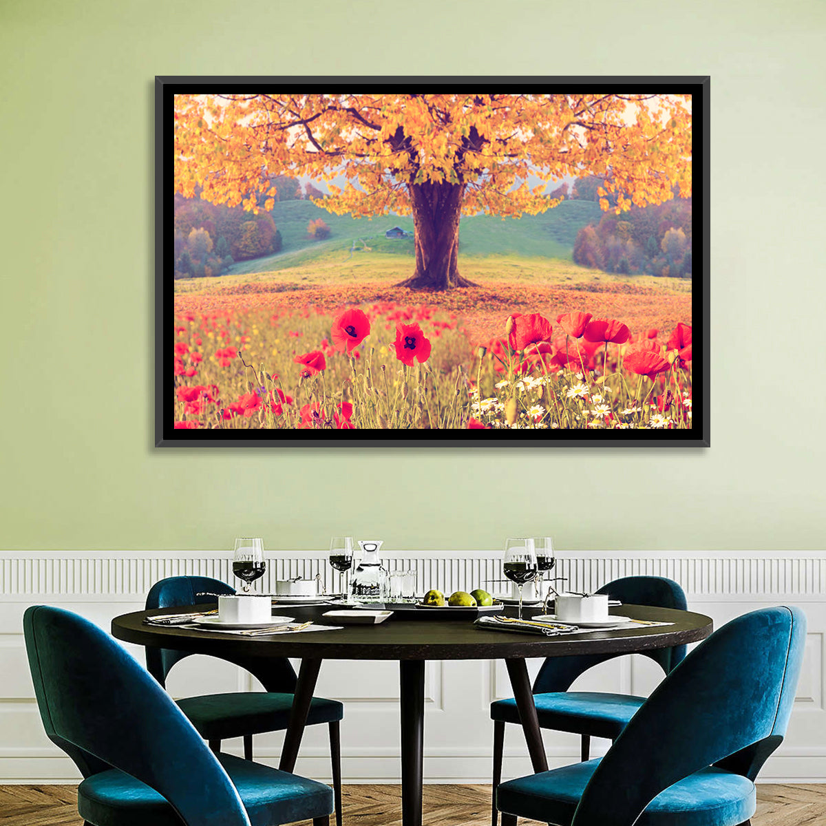 Autumn Tree and Poppy Field Wall Art in a room, landscape