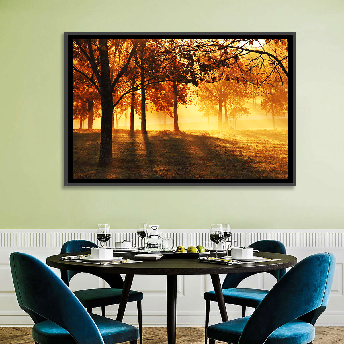 Autumn Sunbeams Through Fog Wall Art in a room, landscape